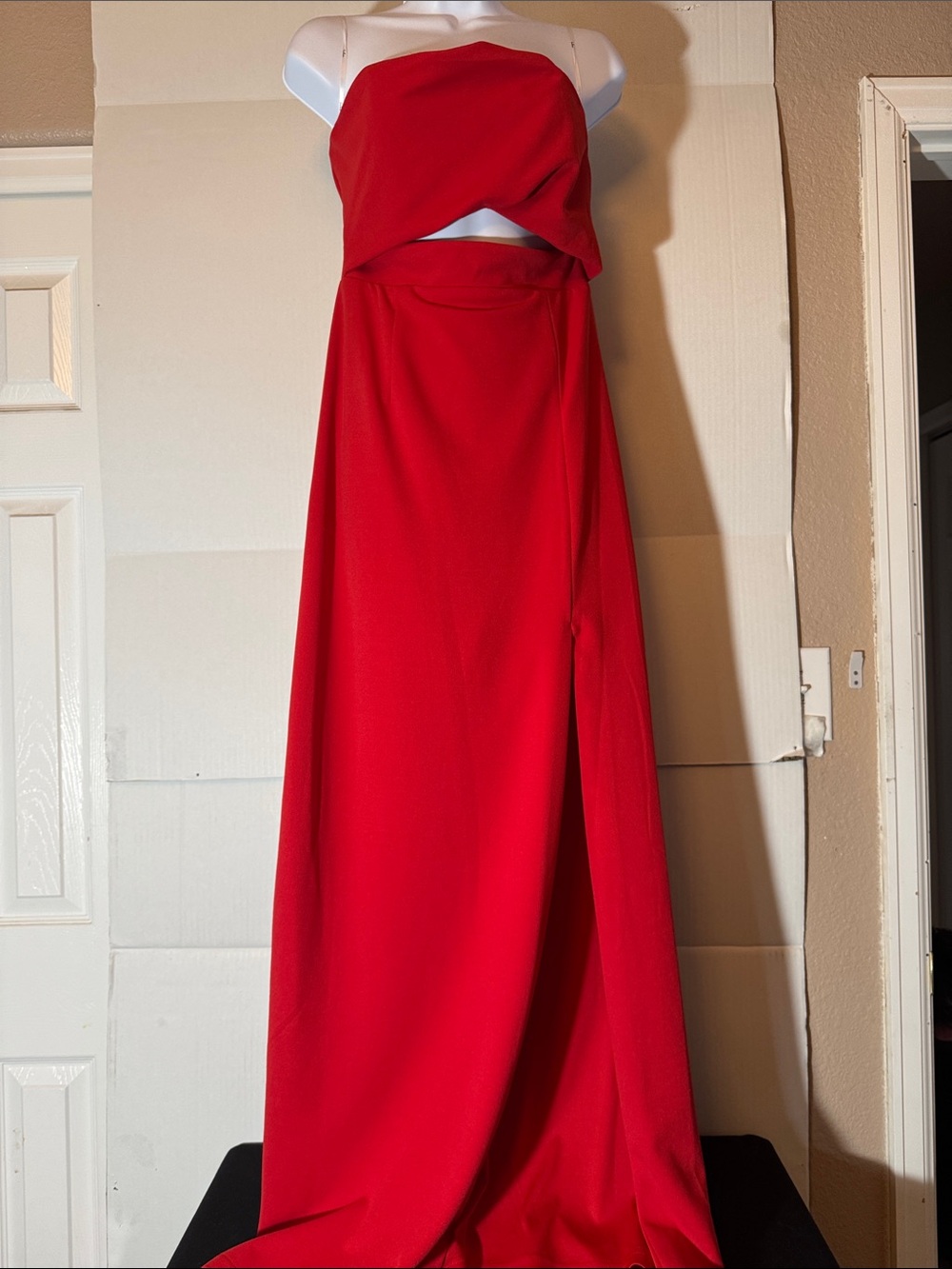 Lulu's Strapless Red Cutout Gown with Side Slit